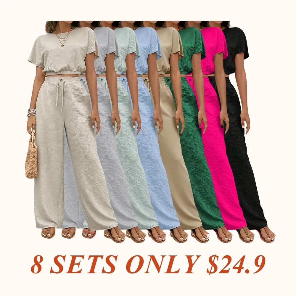 Women's Solid Color Fitted Top & Wide Leg Pants Two-piece Set, Casual Round Neck Top & Drawstring Waist Trousers for Summer