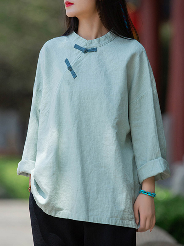 Vintage Linen Frog Loose Long Sleeve Shirt Tops