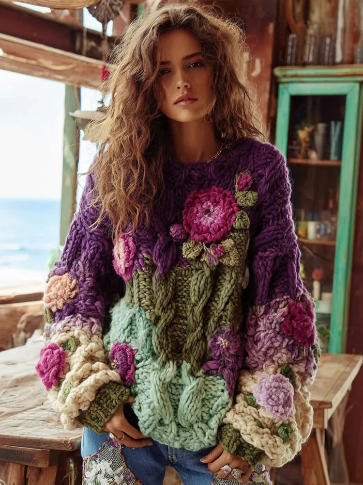 Women's Bohemian Chunky Knit Crochet Floral Ombre Sweater