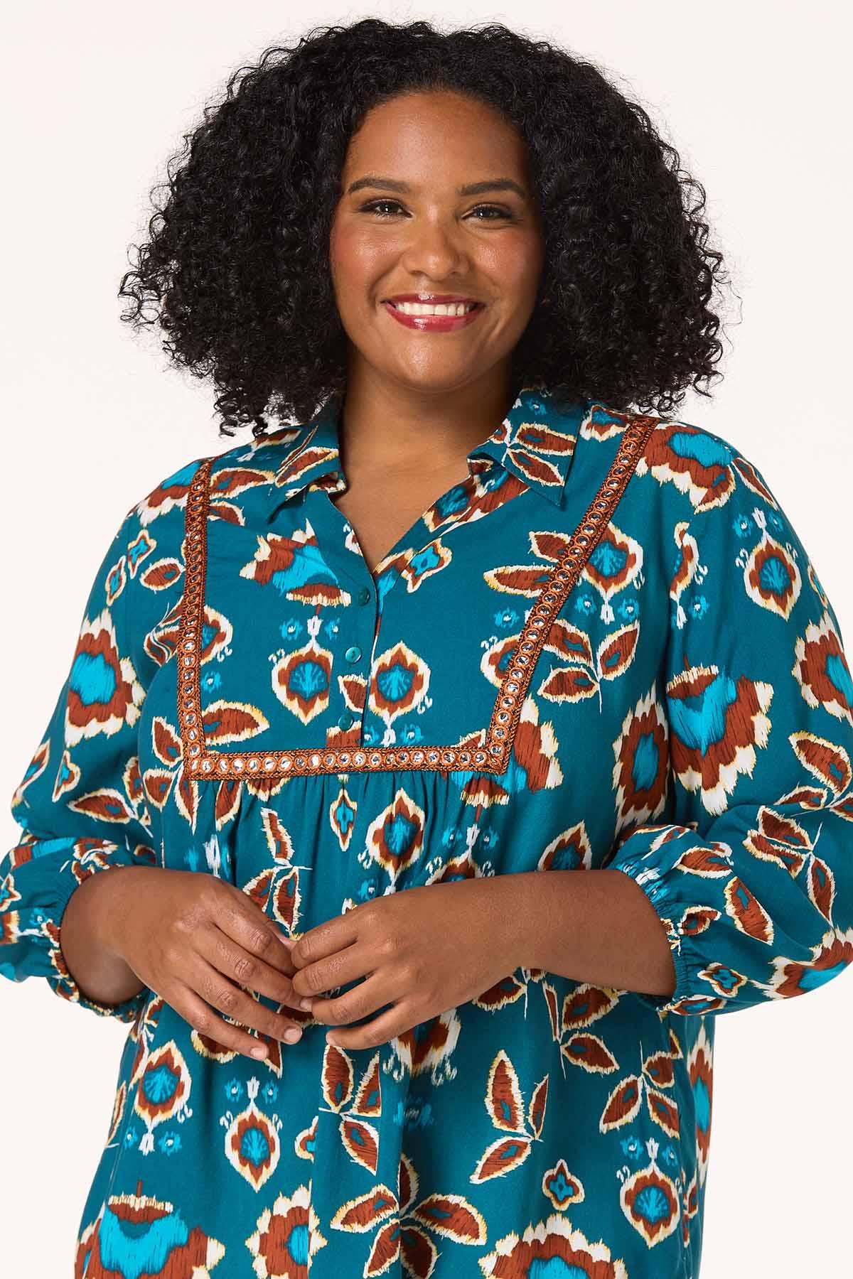 Plus Size Embroidered Bib Floral Poet Top