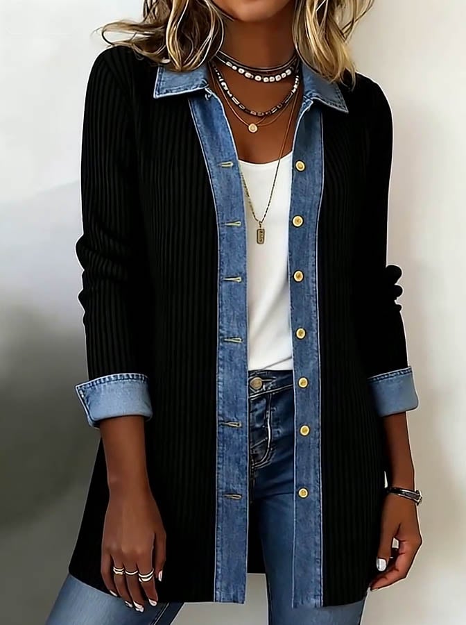 Women'S Casual Loose Contrast Color Patchwork Jacket