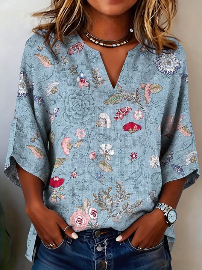 Women's Casual Spring Floral Cotton Linen Top