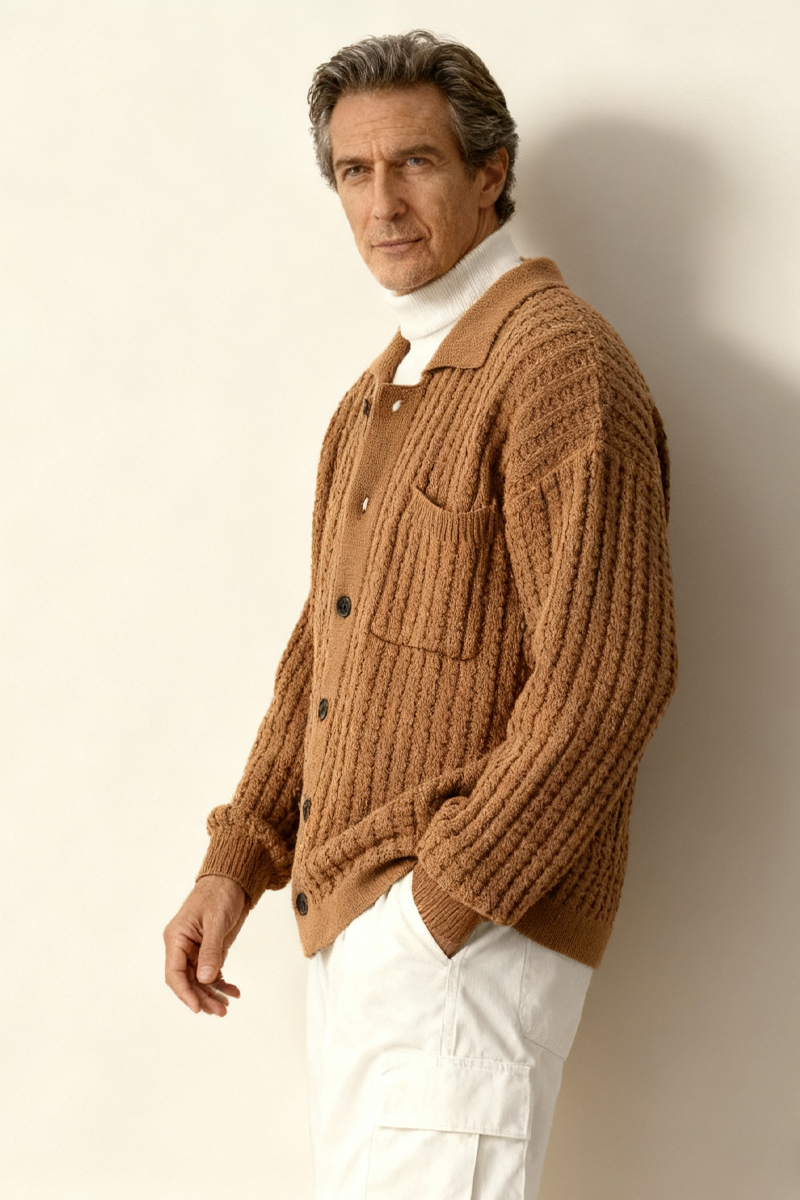 Men's Brown Textured Knit Single-Breasted Cardigan