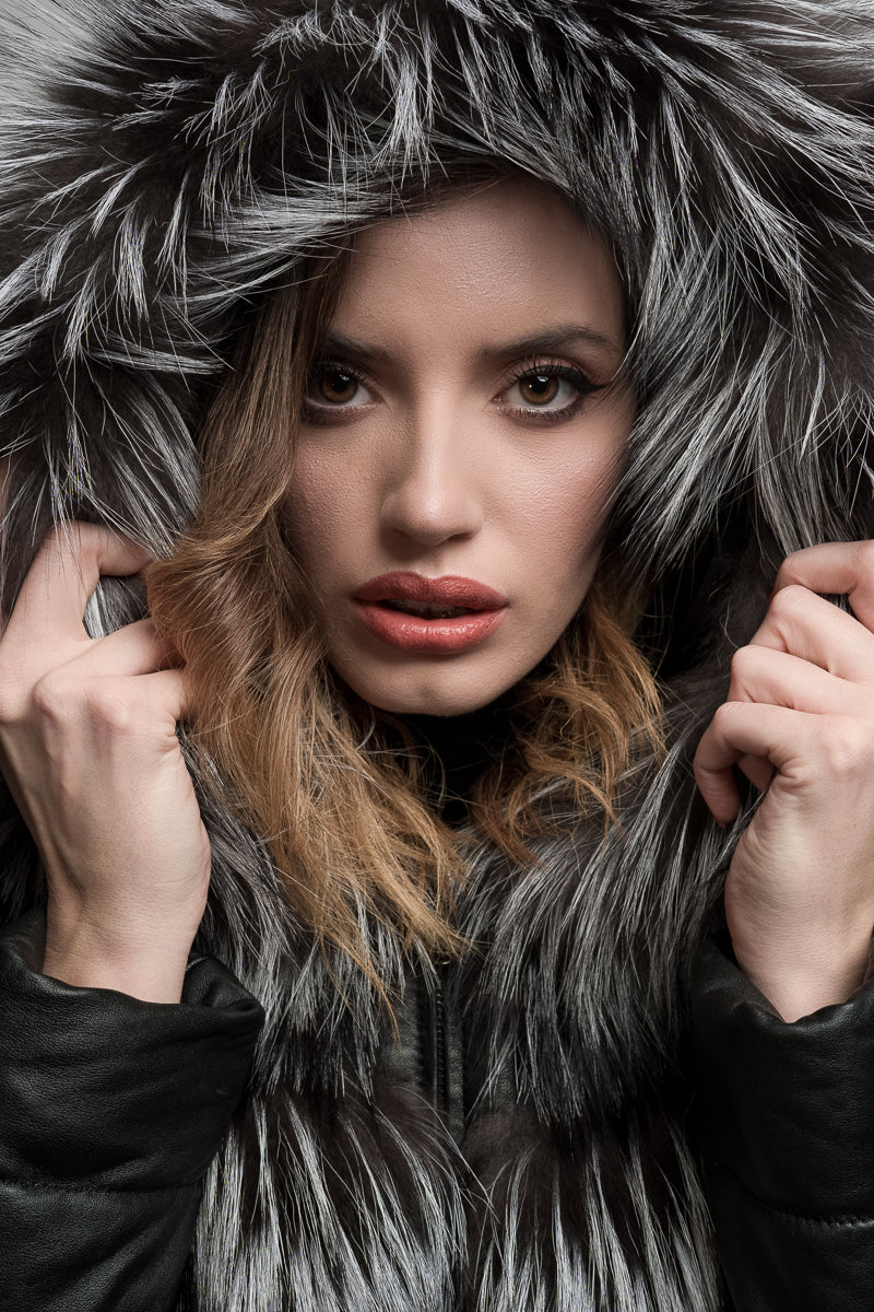 Haină din Blană Naturală de Vulpe, cu Glugă, Femei, Grey Frost 253
