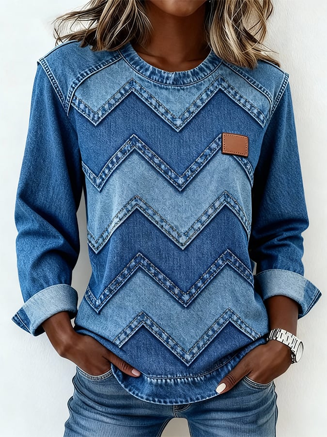 Women's Casual Crew Neck Printed Patchwork Sweatshirt