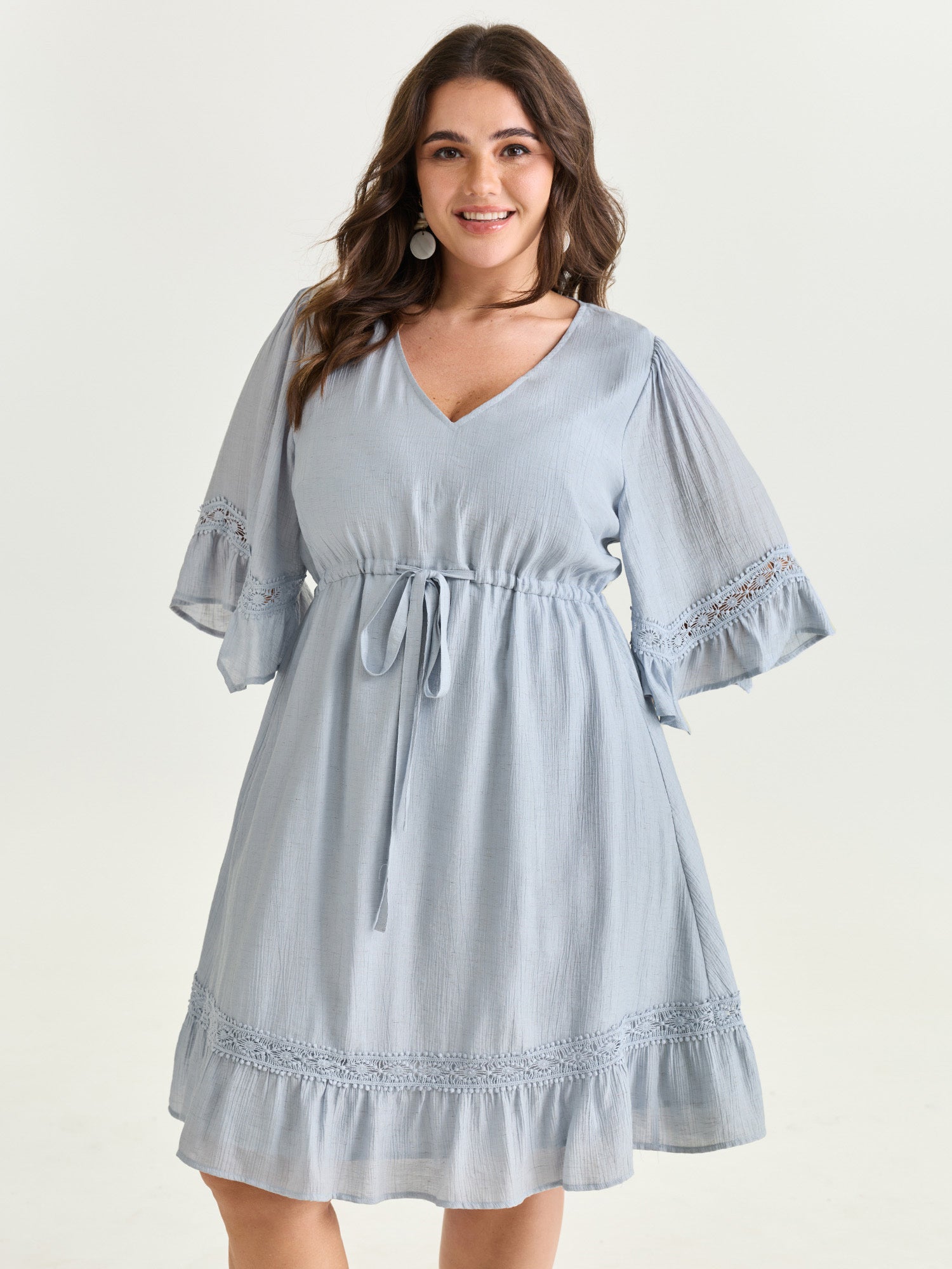 Lace Trim Adjustable Drawstring Waist Mini Dress