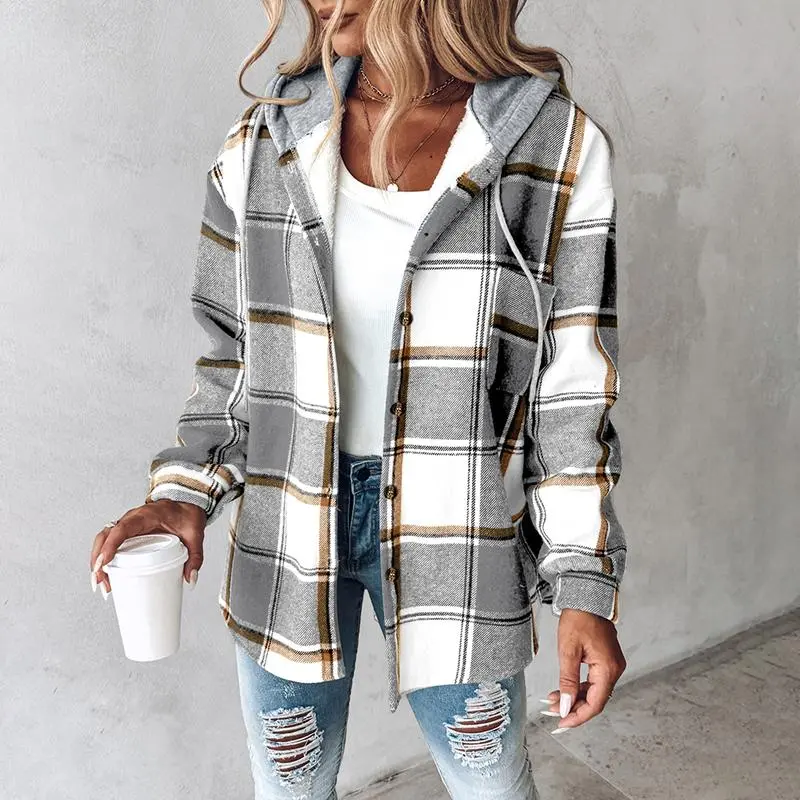 Women's Plaid Pattern Shacket  Hooded Jackets