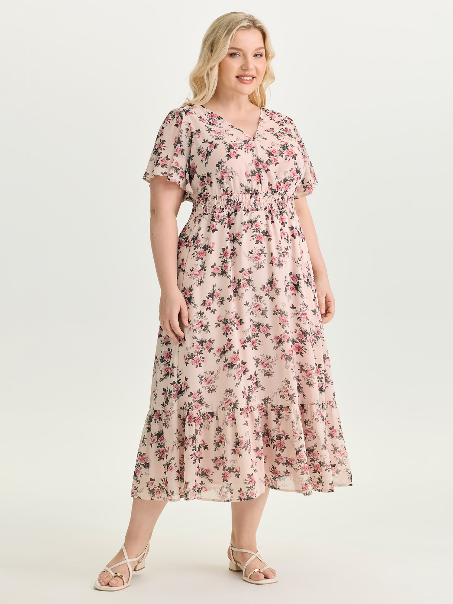 Floral Print Shirred Waist Maxi Dress