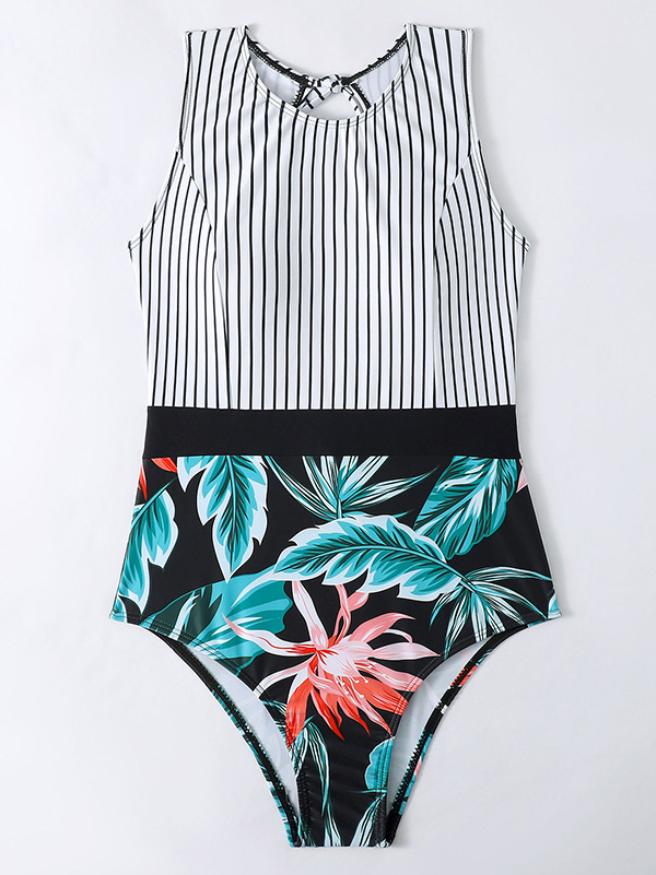 Striped+Floral Printed Split-Joint One-Piece Swimwear