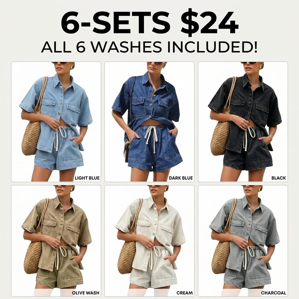 Women's Summer Denim Shirt and Shorts Two-Piece Set Short-Sleeve Button-Down Shirt with Elastic Waist Wide-Leg Shorts Casual Outfit