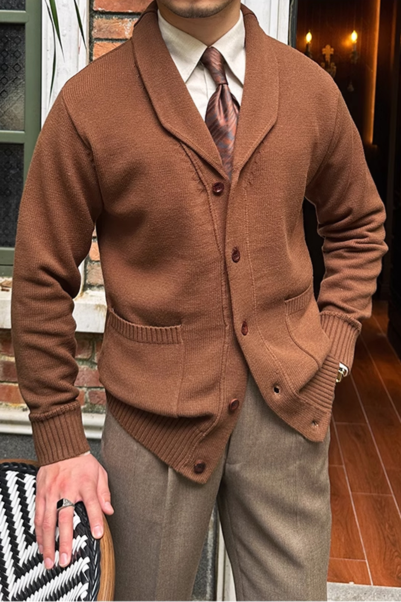 Men's Brown Warm Shawl Collar Cardigan