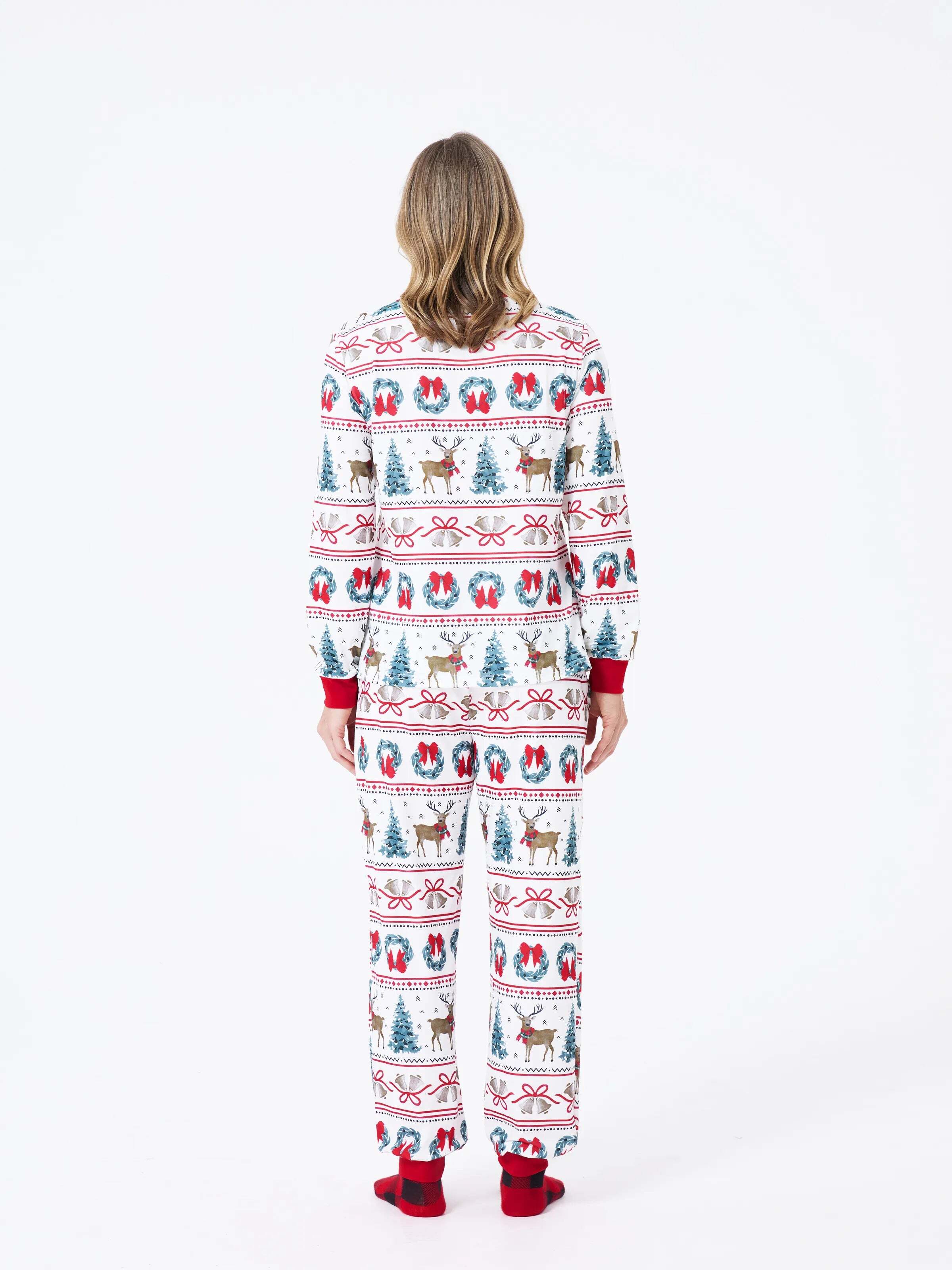 Christmas Matching Family Pajamas Set Christmas Elk and Bell Print Striped PJS with Christmas Socks White