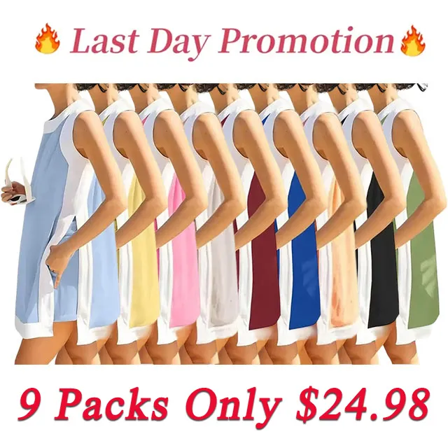 Women's 2-Piece Sets Color Block Crewneck Sleeveless Top + Skirt & Shorts w/ Pockets