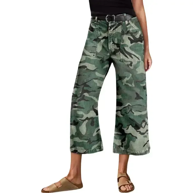 Camo Print Mid Waist Straight Leg Capri Pants Without Belt