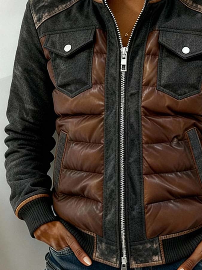 Women'S Casual Color-Blocked Hooded Cotton Jacket