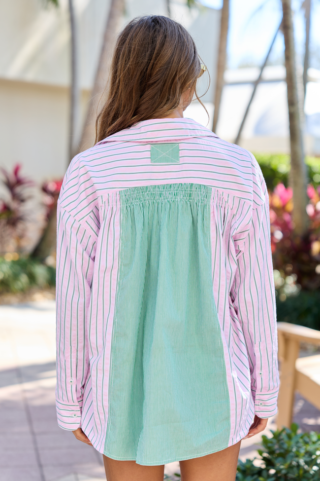 Palm Grove Light Pink and Green Multi Stripe Button Down Shirt