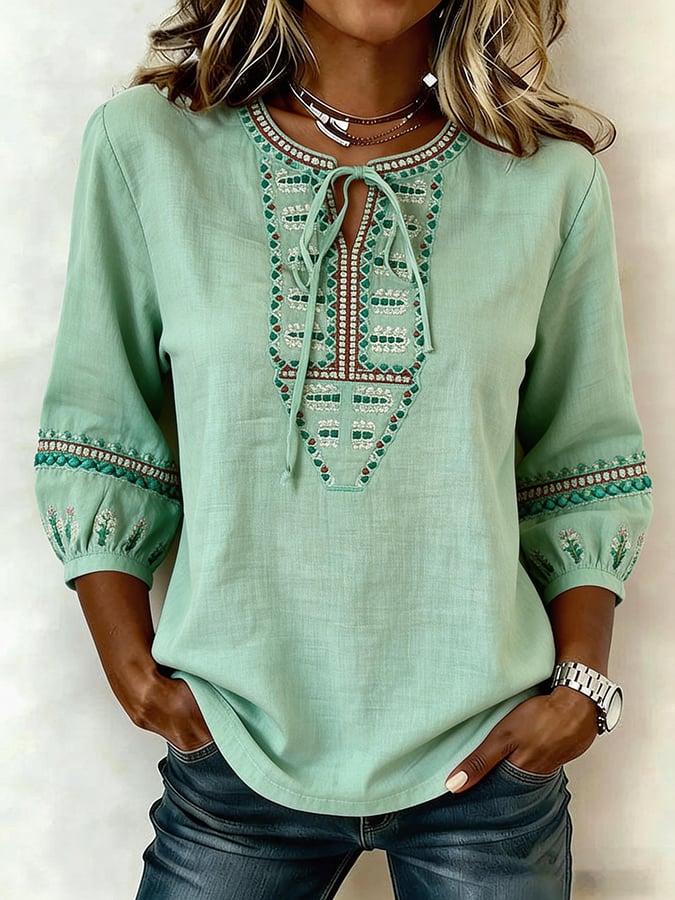 Women'S Cotton And Linen Floral Print Top- Fast Shipping