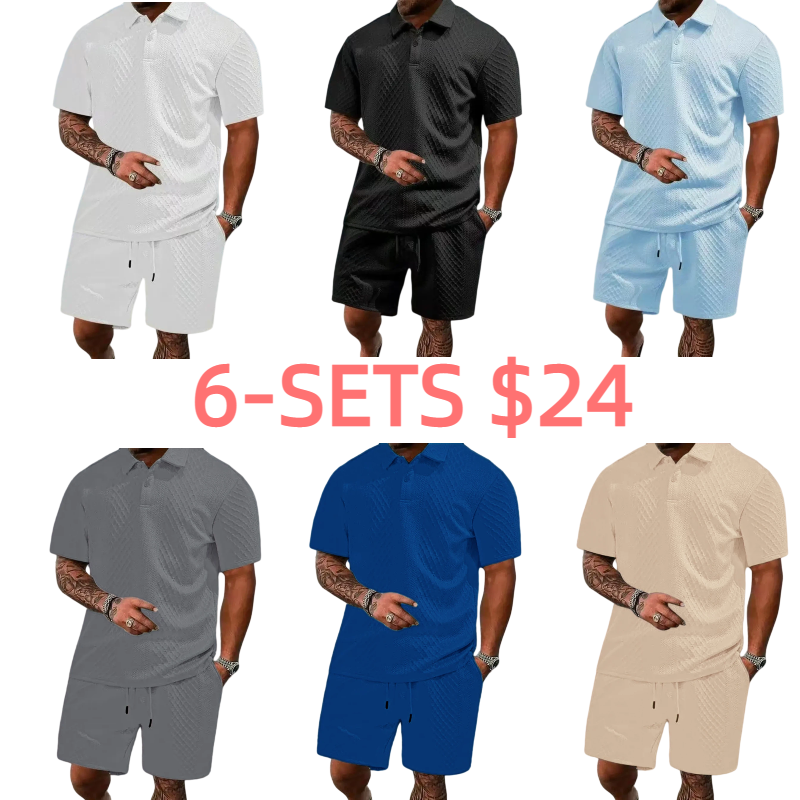 Men's summer casual texture fabric solid color polo shirt T-shirt shorts 2-piece set