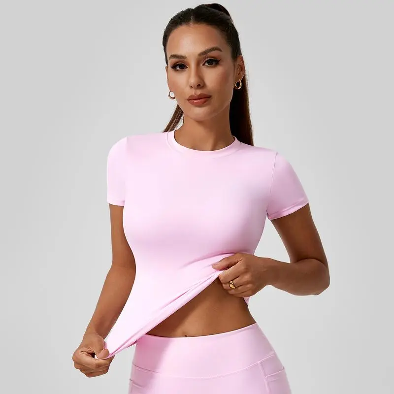 Solid color sports T-shirt set, crew neck, slim fit, stretchy style