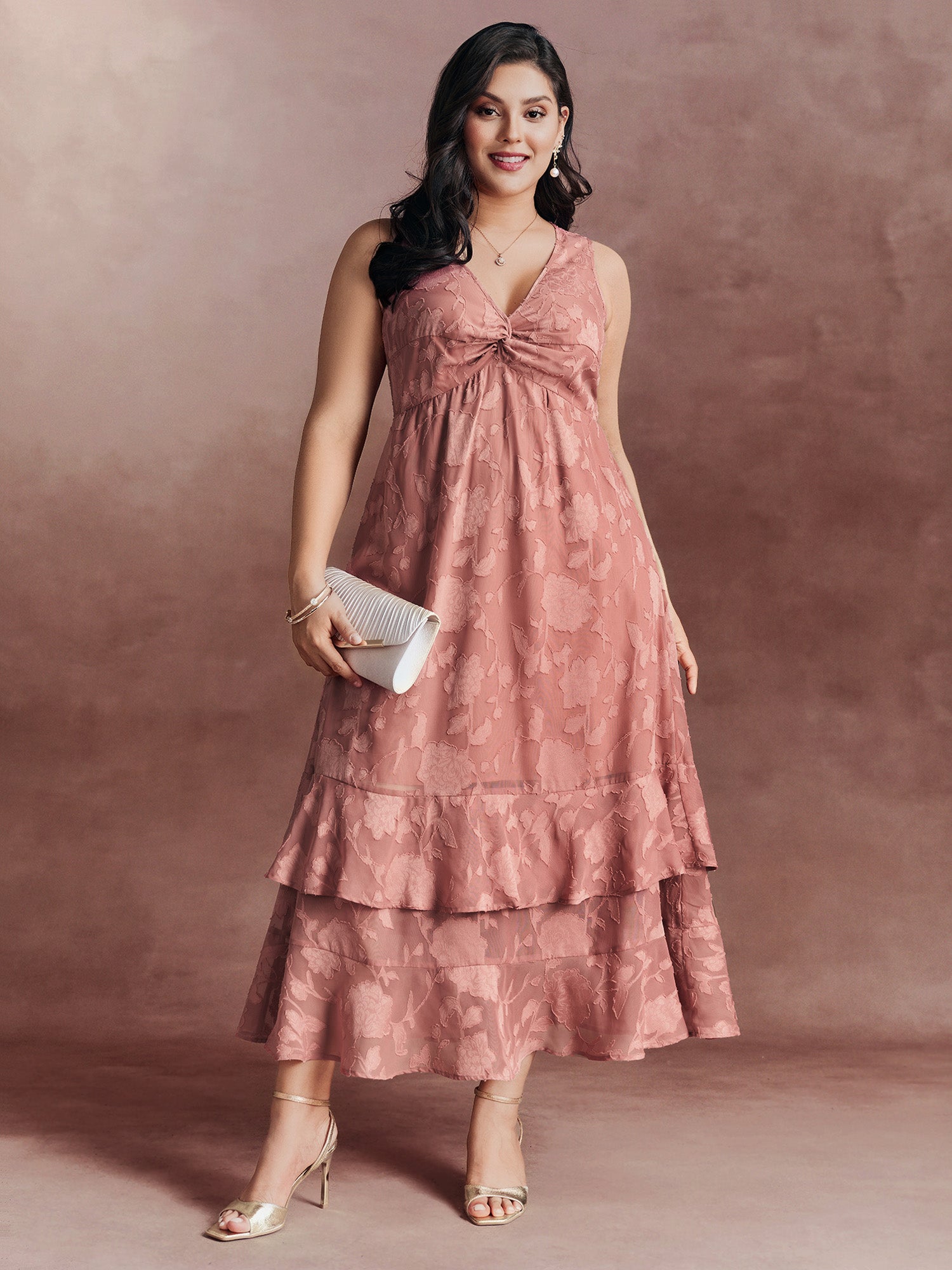 Floral Charm Twist-Front Jacquard Maxi Dress