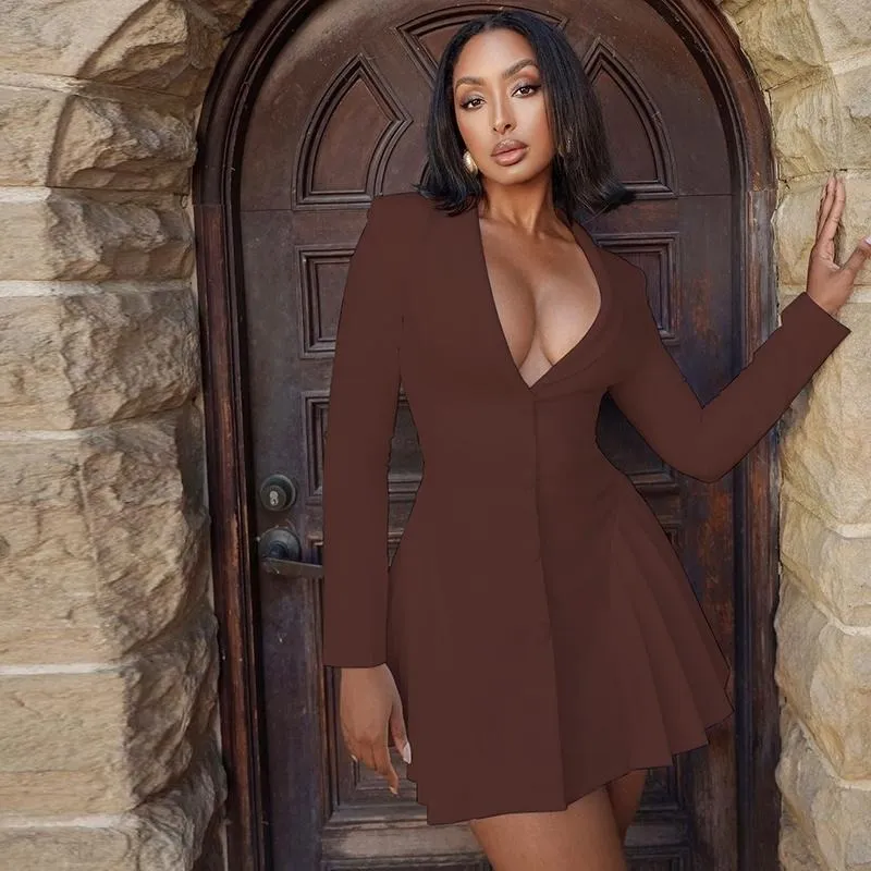 Women's Solid Deep V-Neck Pleated A-Line Dress, Elegant Button Front Long Sleeve Short Dress for Spring & Fall