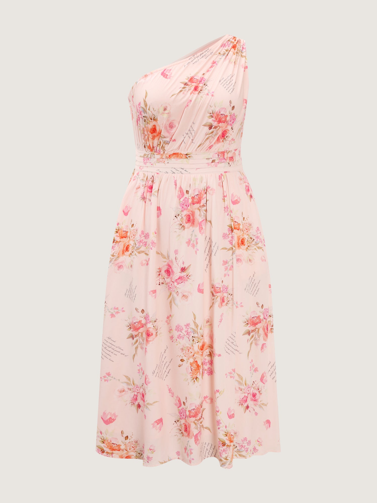 Letter Flower Print Shirred One-Shoulder Midi Dress
