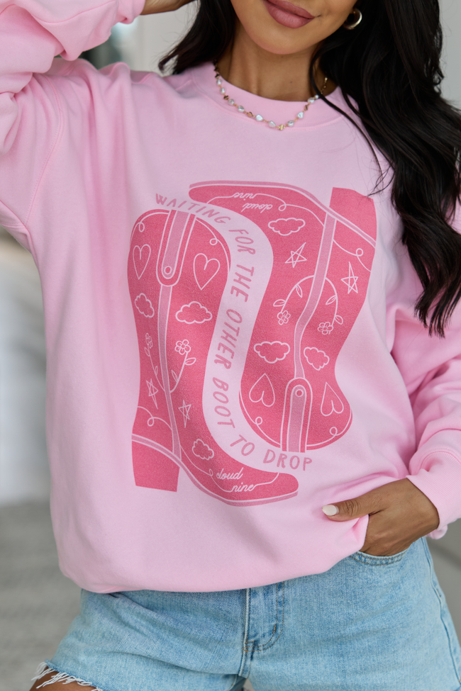 Waiting For The Other Boot To Drop Light Pink Graphic Sweatshirt