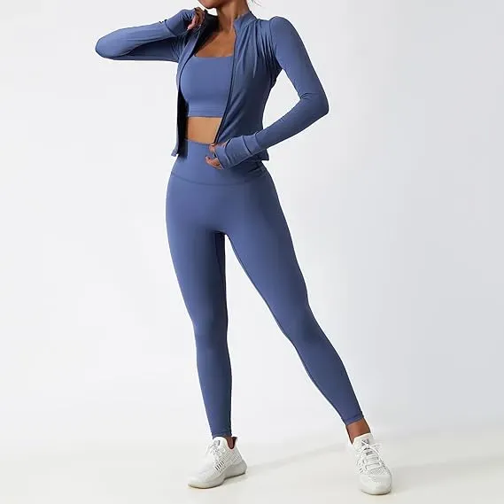Women’s 3-Piece Workout Set – Sports Bra, Leggings & Zip Jacket with Thumbholes