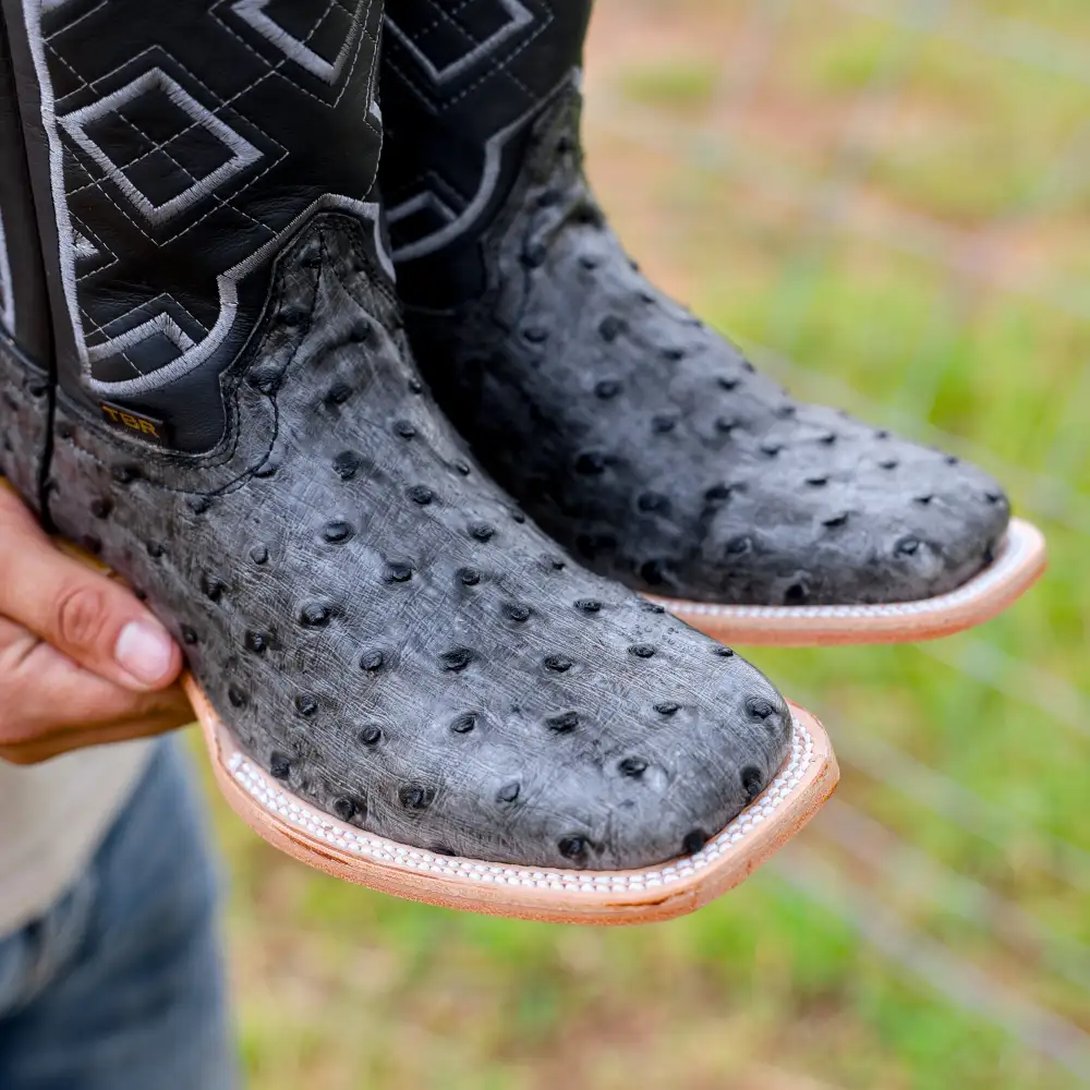 Grey Ostrich Leather Boots - Square Toe