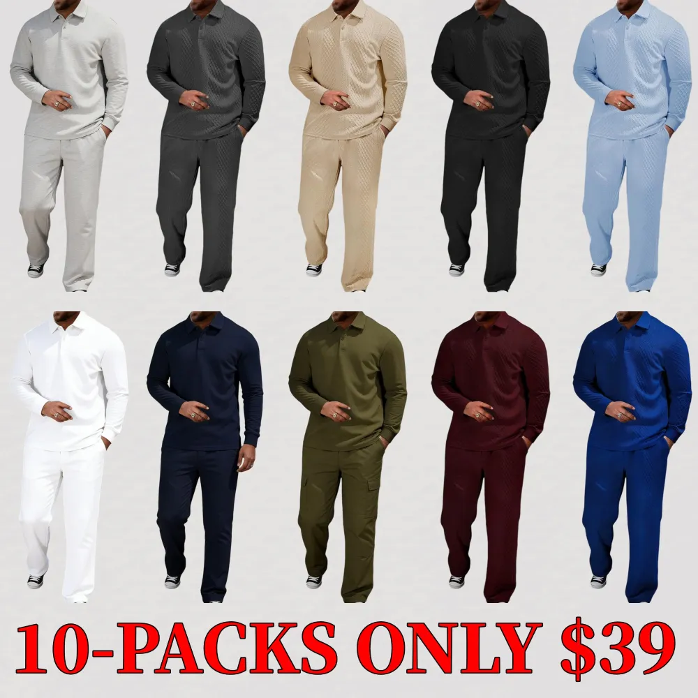 Men's textured long-sleeved polo shirt and drawstring trousers set