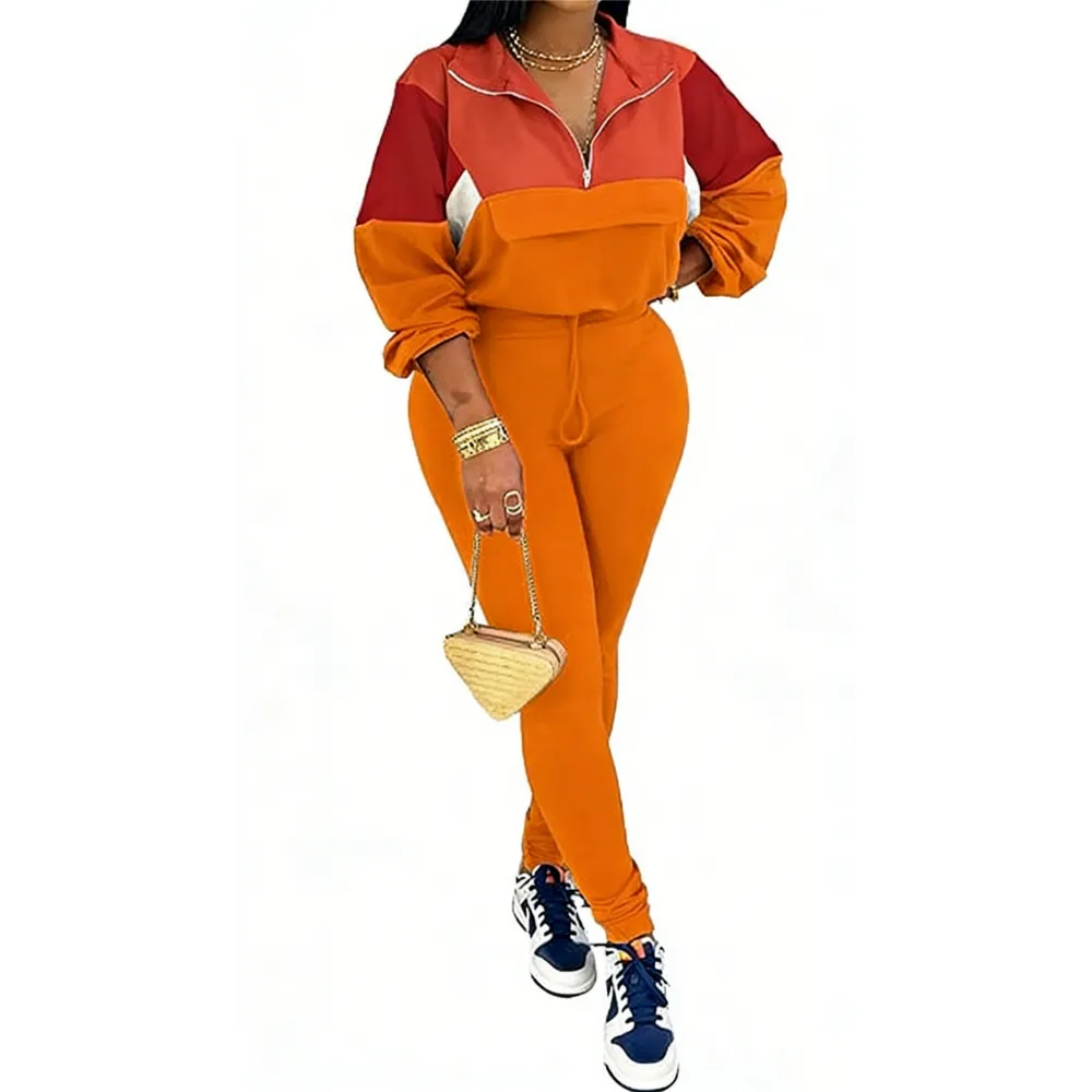 Women's Colorblock 2-Piece Knit Zip Jacket Elastic Waist Tracksuit