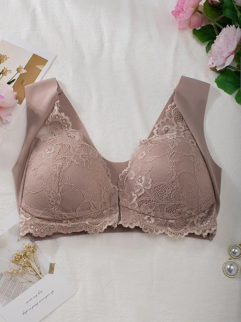 Women's Contrast Lace Hook & Eye Front PushUp Bra