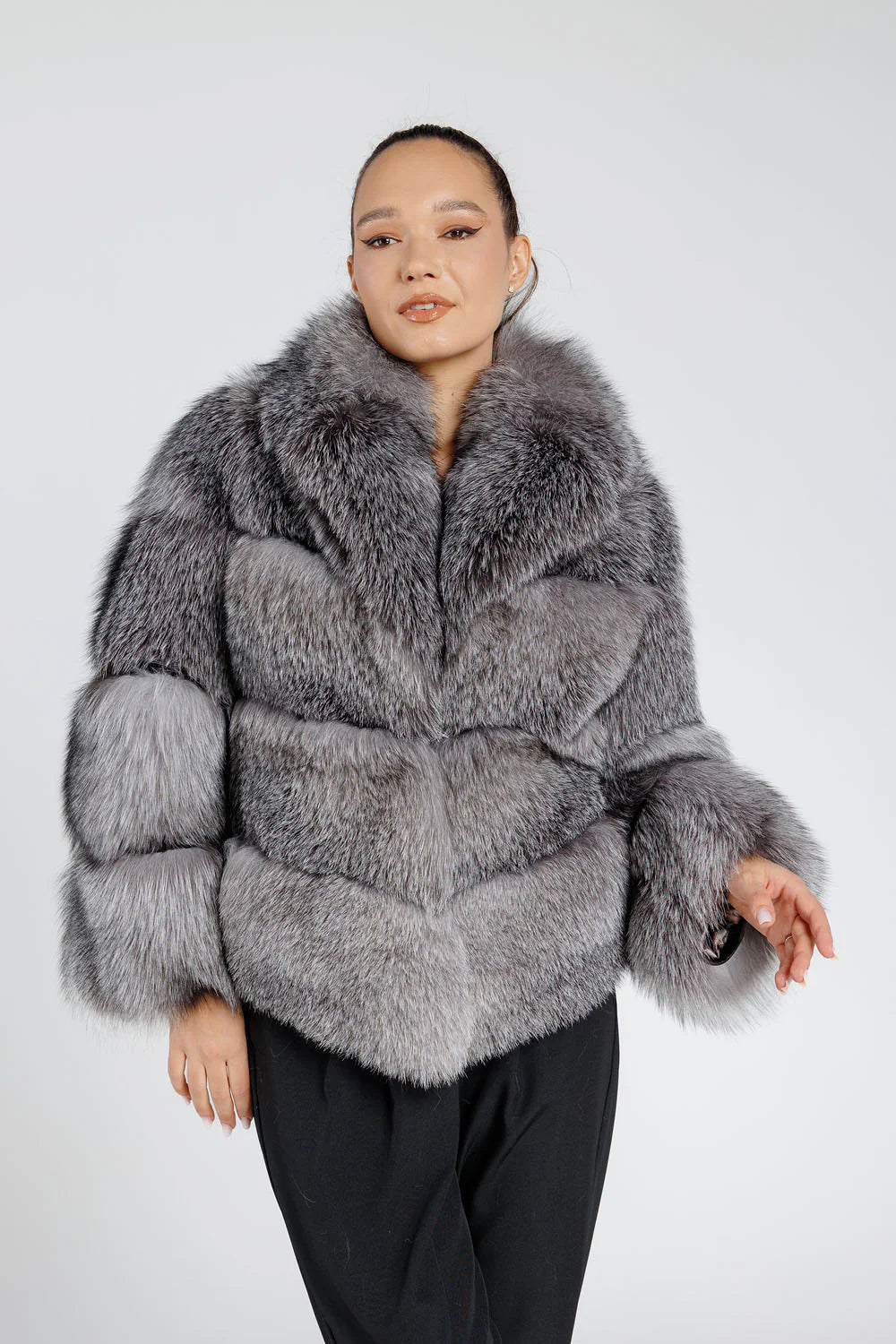 Haină din Blană Naturală de Vulpe Argintie, cu Guler Rever, Femei, Silver Grey 384