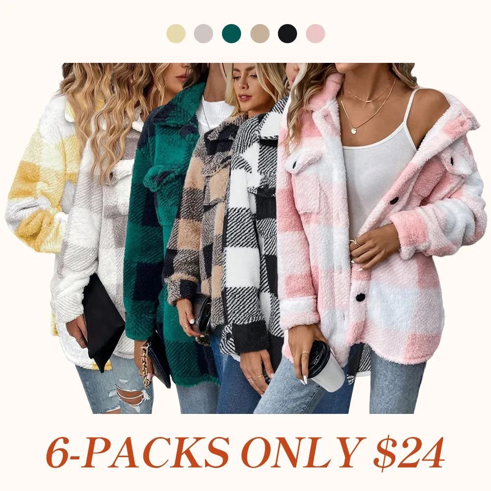 Women's Plaid Print Button Front Fuzzy Coat