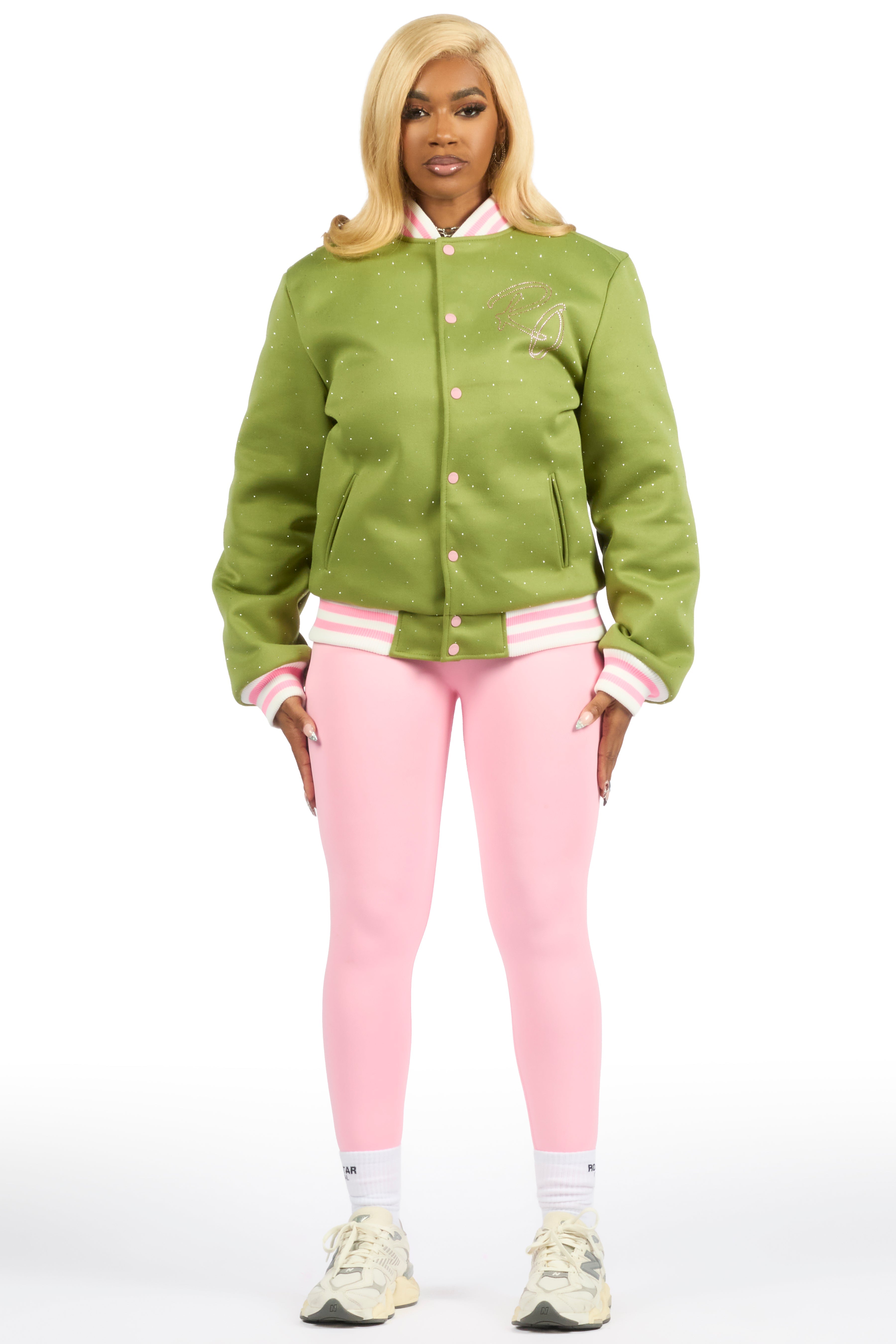 Alonza Green/Pink Rhinestone Varsity Jacket