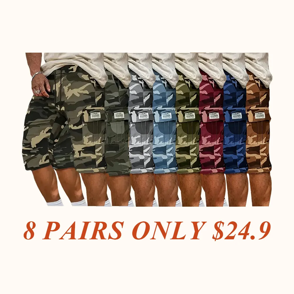Camouflage Twill Pocket Shorts Three-Piece Set Men's Casual Khaki Green Black Trousers Suitable For Daily Wear