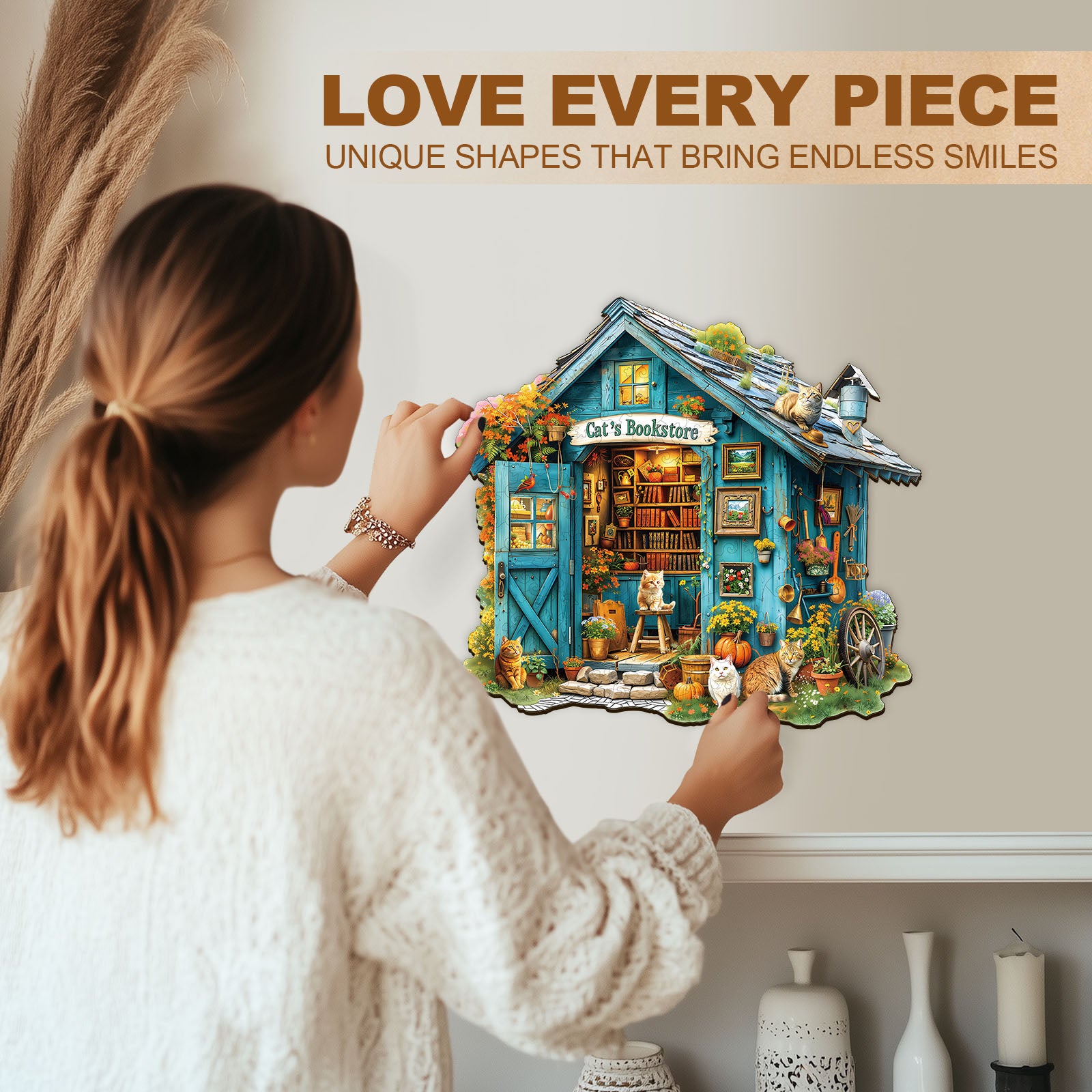 Cat's Bookstore Wooden Jigsaw Puzzle