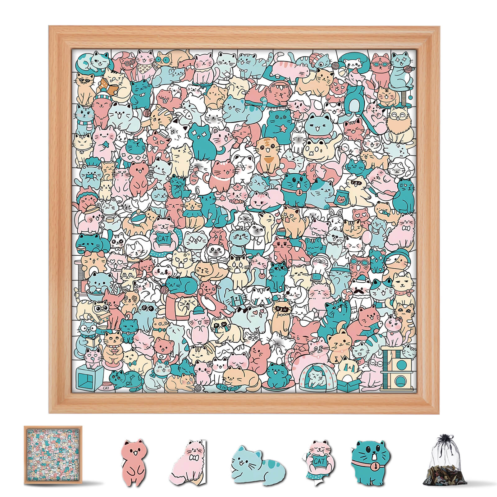 200 Pcs Morandi-Colored Lovely Cat Shaped Square Wooden Jigsaw Puzzle