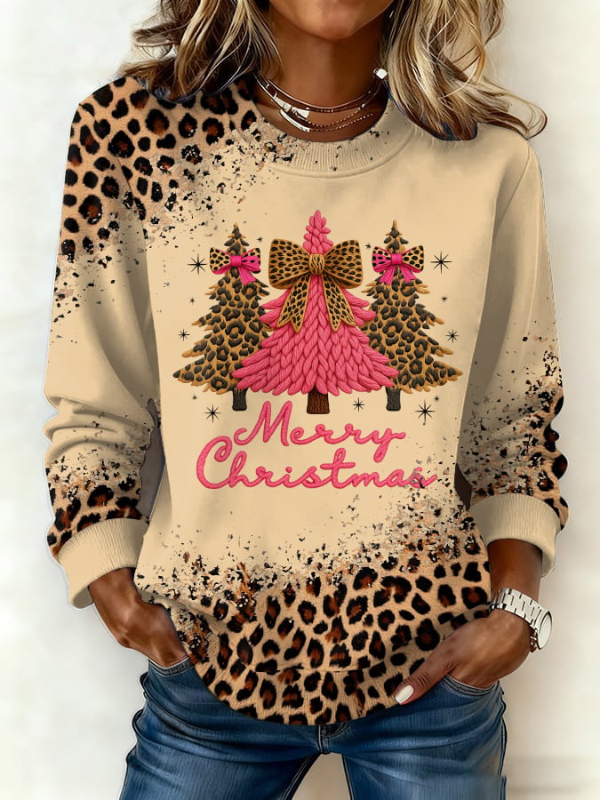 Women's Retro Western Leopard Print Christmas Print Casual Crew Neck Sweatshirt