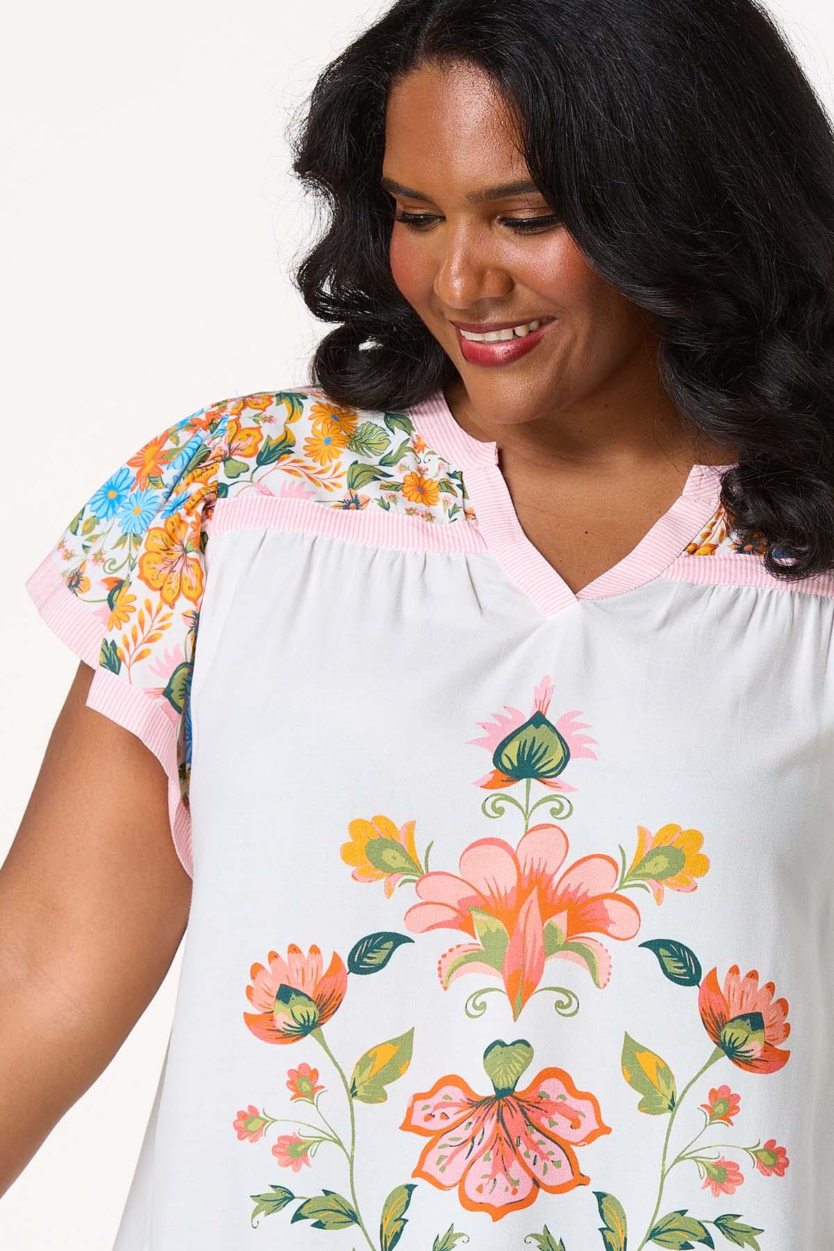 Plus Size Floral Print Stripe Trim Top