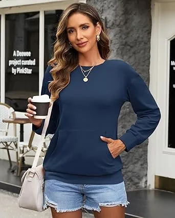 Women's Crewneck Hoodless Sweatshirt Hoodless Sweatshirt with Kangaroo Pocket Fleece Long Sleeve