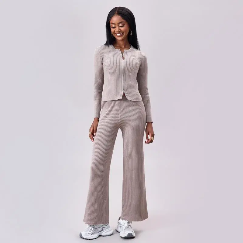 Women's Comfy Solid Color Ribbed Zip-Up Sweater & Wide Leg Trousers Co-ord