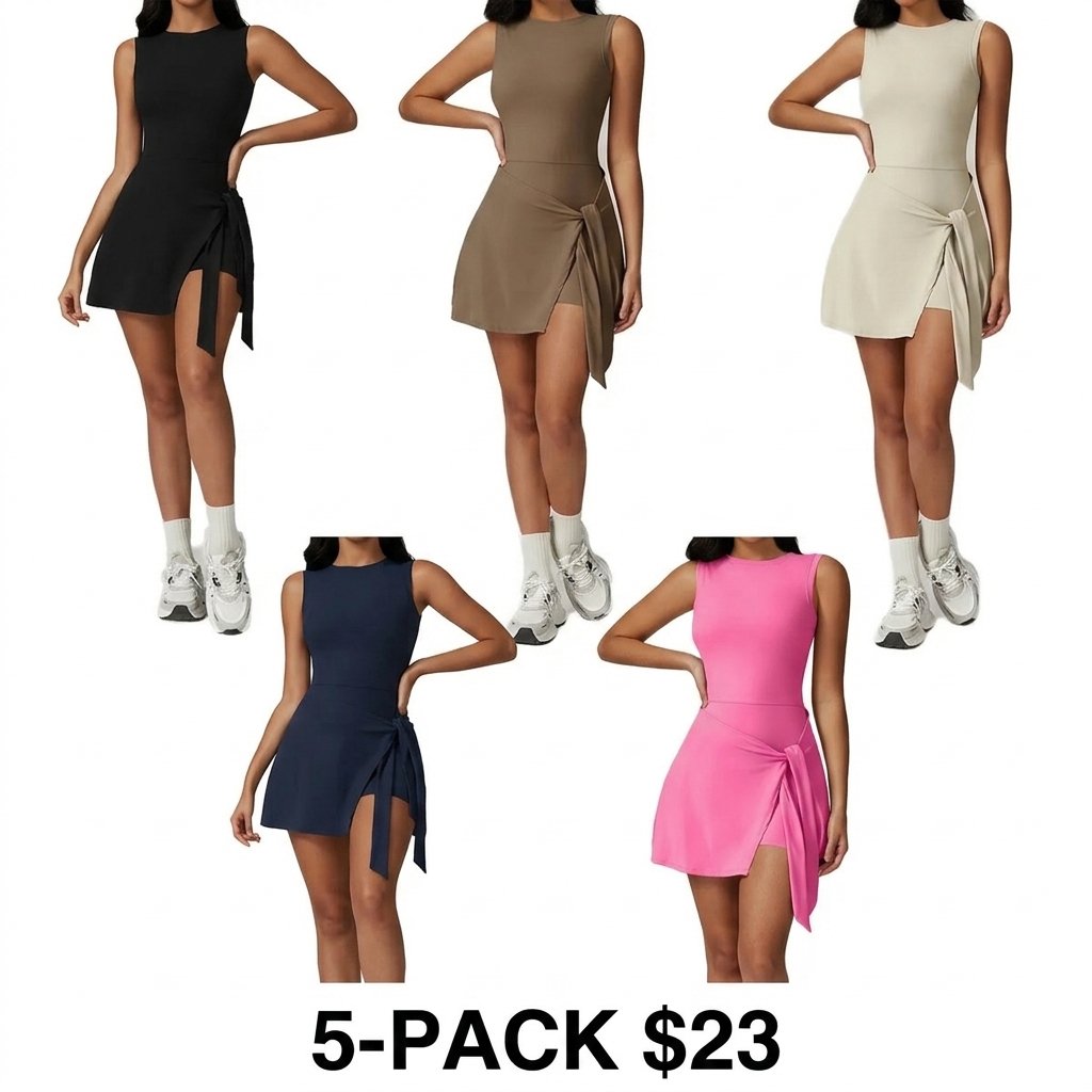 Women's Sleeveless Tennis Dress – High Stretch Knit with Built-in Shorts & Side Ruffle