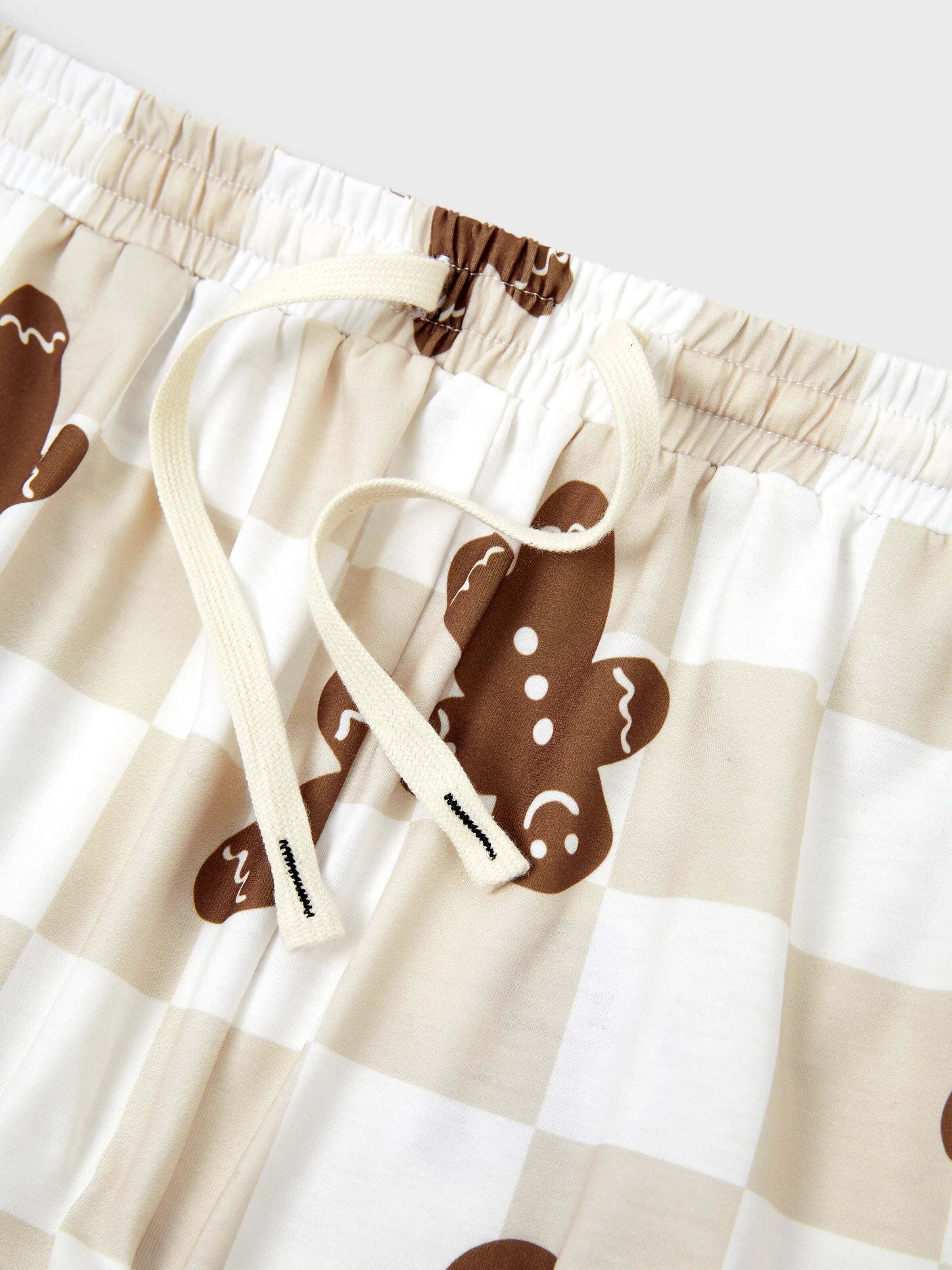 Christmas Matching Family Pajamas Set Block checkered Gingerbread Print PJS with Christmas Socks Khaki