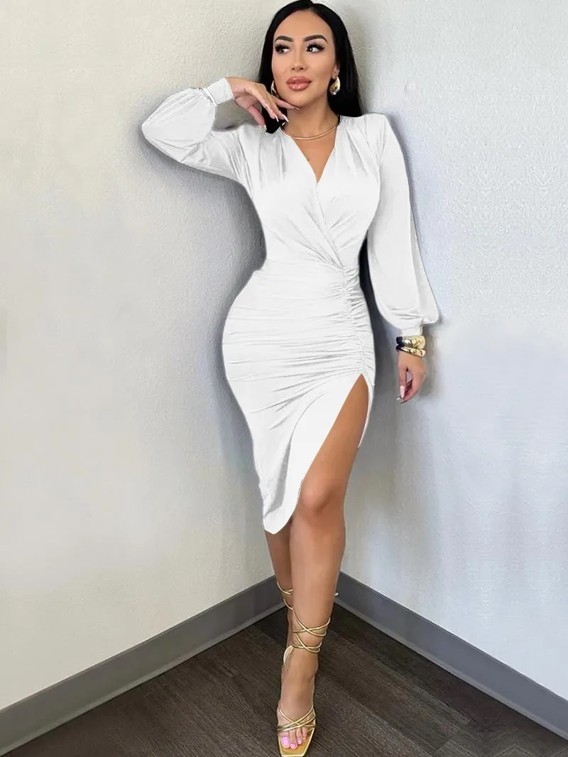 Women's Plain Ruched Wrap Split Thigh Bodycon Dress