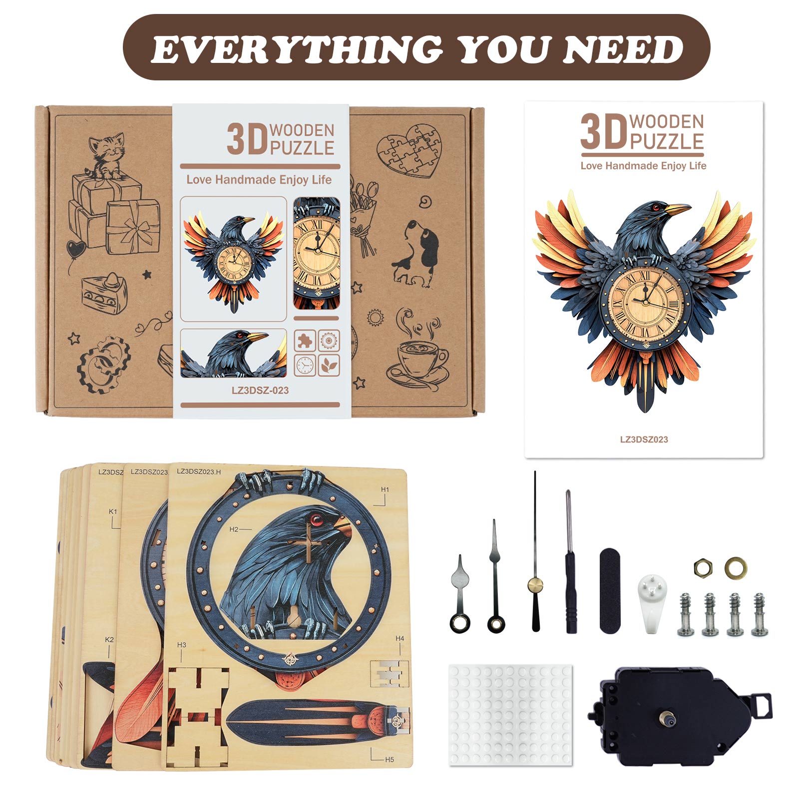 Raven– DIY Wooden Clock, 3D Puzzle Craft Kit