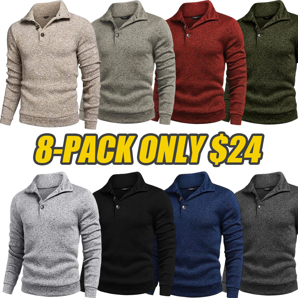 Men's Quarter Button Henley Sweater Casual Knitted Sweatshirt Mock Neck Thermal Fleece Pullover Sweater with Pocket