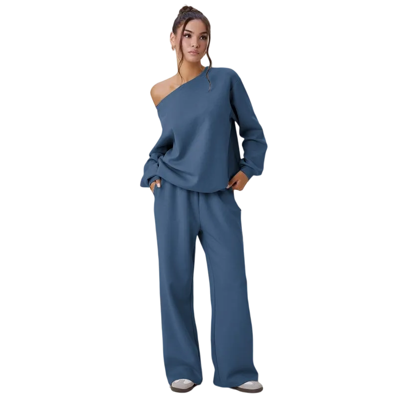 Women's Leisure Solid Color Sloping Shoulder Long Sleeve Top & Wide Leg Trousers Co-ord