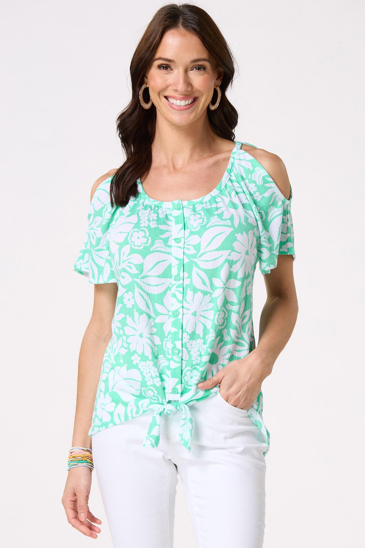 Cold Shoulder Floral Button Down Top