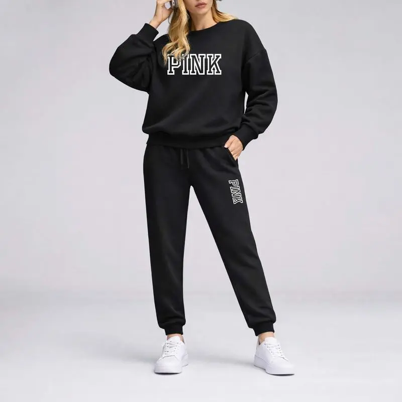 Women’s Pink Letter Print Sweatshirt & Track Pants Set